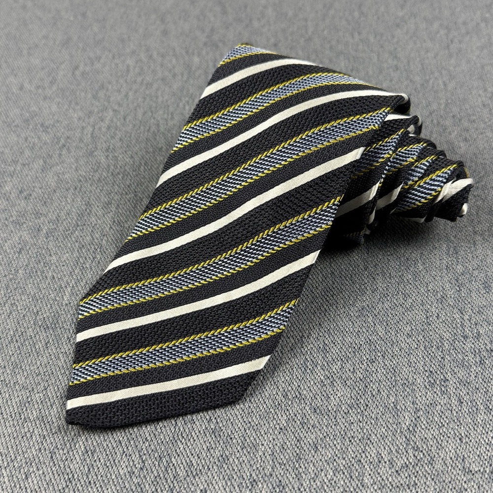 ERMENEGILDO ZEGNA Tie Silk Textured Striped Navy Blue Gold Italian Luxury 3.25"